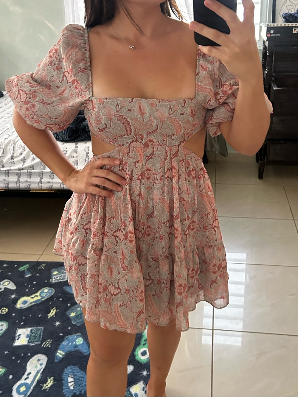 Floral Pink Cutout Mini Dress with Puff Sleeves